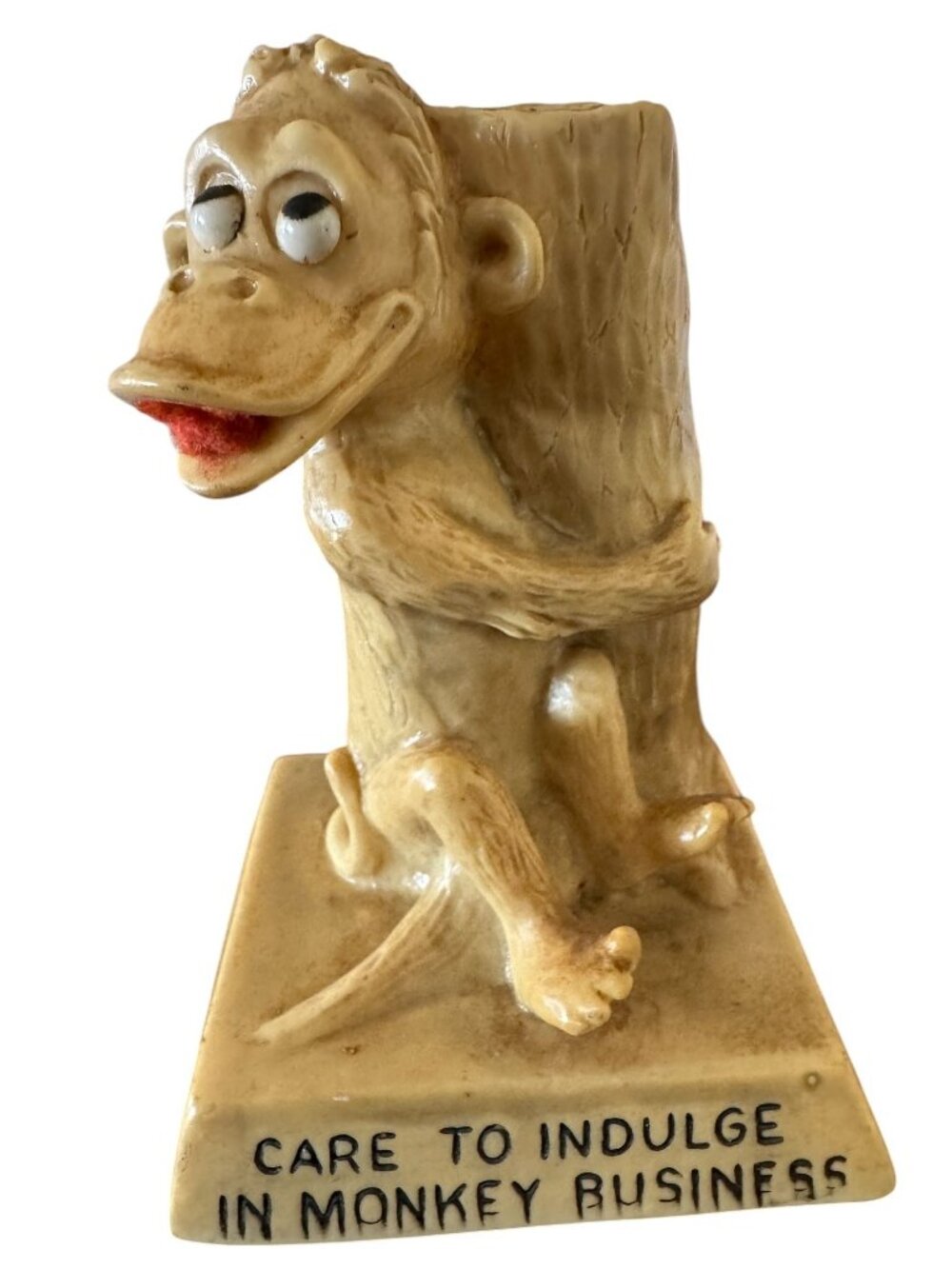 1968 Russ Berrie Monkey Figurine With "Care To Indulge In Monkey Business"